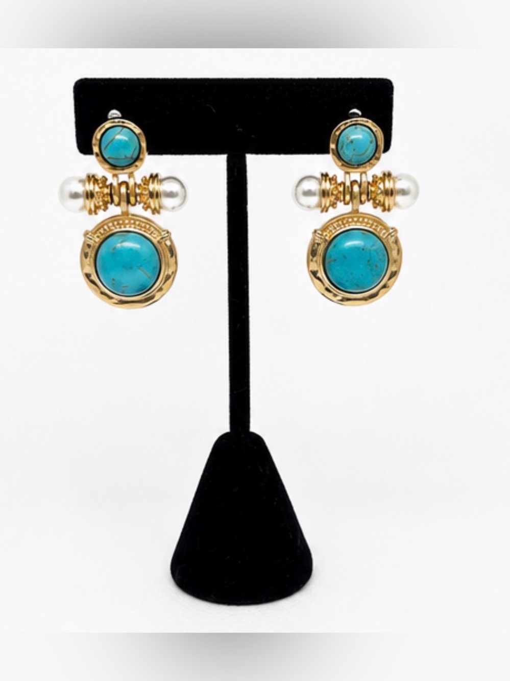 Gold Tone Turquoise & Pearl Statement Earrings + 7” Bracelet Set
